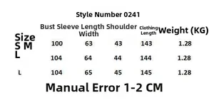 Size chart for pink wool overcoat showing measurements for S, M, and L sizes in centimeters