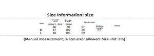 Detailed size chart for black denim jacket with shoulder, bust, and sleeve measurements