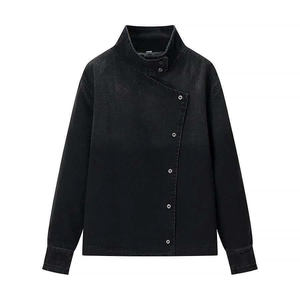 Women Asymmetrical Button Denim Jacket Stand Collar Long Sleeve Washed Black Twill Outerwear Chic Casual Autumn Top