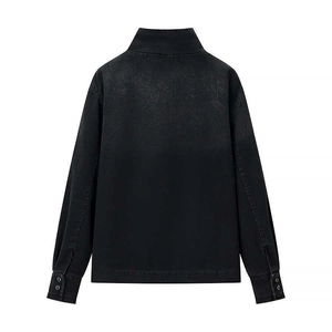 Back view of a black washed denim jacket with stand collar and dropped shoulders for women