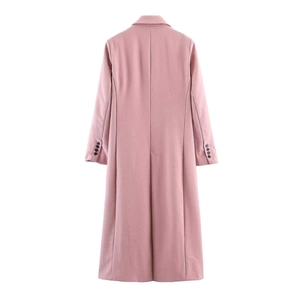 Pink wool overcoat for women with back view and black buttons on cuffs in long fit