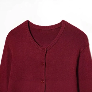 Classic burgundy knit cardigan with ribbed crew neck and matching buttons in a close-up view