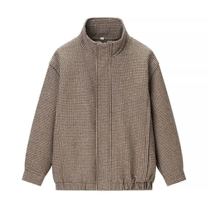 Women Vintage Houndstooth Bomber Jacket Stand Collar Loose Fit Long Sleeve Zip Up Autumn Winter Outwear Jacket