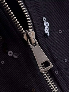Detail of silver sequins and vintage metal zipper on black sequined jacket for women