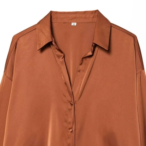 Minimalist caramel brown satin shirt with silk texture and classic collar detail