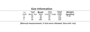 Size chart for black long coat with detailed shoulder chest and length dimensions