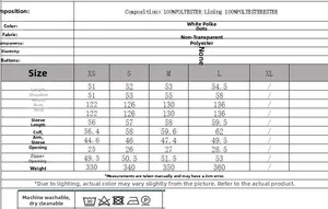 Detailed size chart for polka dot jacket showing measurements from XS to L in cm