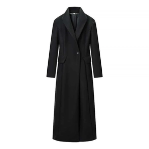 Classic black long wool blend coat featuring notch lapels and single-button closure
