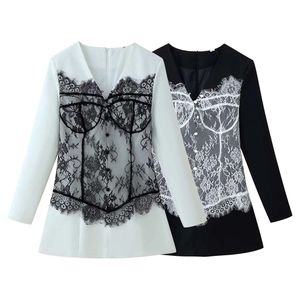 Elegant Women Lace Contrast V Neck Long Sleeve Slim Fit Mini Dress Floral Patchwork Cocktail Party Nightclub Short Dress