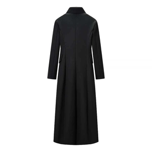 Women's long black wool blend coat with tailored back seams and elegant slim silhouette