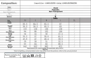 Size chart table for khaki multi-pocket jacket with polyester material details