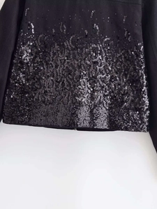 Close-up of black jacket detail showing shiny sequins and silver metallic zipper hardware