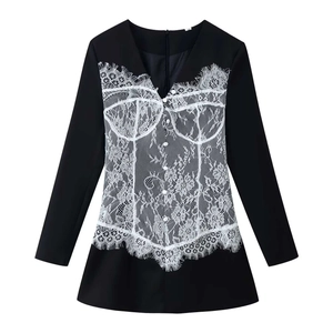 Fashionable black long sleeve dress with white lace corset stitching and button details