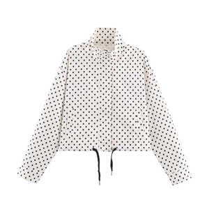 Women Casual Polka Dot Jacket Stand Collar Long Sleeve Zipper Up Drawstring Hem Outerwear Autumn Fashion Coat