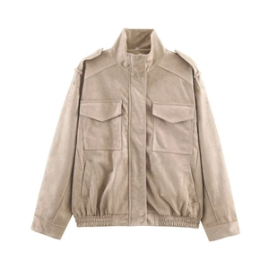 Women's Faux Suede Cargo Bomber Jacket With Stand Collar Epaulets Khaki Solid Color Casual Utility Coat For Autumn