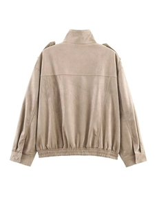 Detail view of the back of a camel suede jacket featuring elastic hem and epaulettes