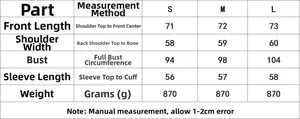 Size chart for women wool jacket showing S, M, L dimensions and measurement guide