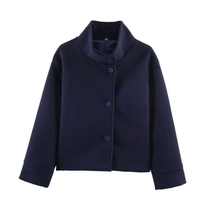 Women's Navy Blue Stand Collar Short Coat Elegant Commuting Button Decoration Long Sleeve Drop Shoulder Polyester Outerwear