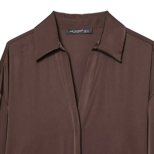 Elegant dark brown satin long sleeve shirt for women with V-neck collar and silk texture