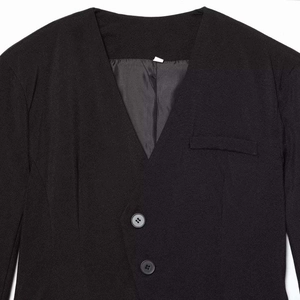 Elegant black V-neck blazer romper with two buttons and decorative chest pocket
