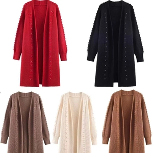 Elegant Women Beaded Ribbed Knit Cardigan Long Sleeve Open Front Loose Sweater Casual Winter Outerwear Jacket Long Coat