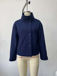 Detail of high stand collar and navy wool jacket buttons on a short fashion coat