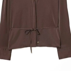 Dark brown silk-satin long sleeve shirt with adjustable drawstring waist and metal aglets