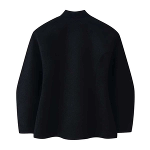 Back view of a minimalist black stand-collar woolen coat with long sleeves and A-line silhouette