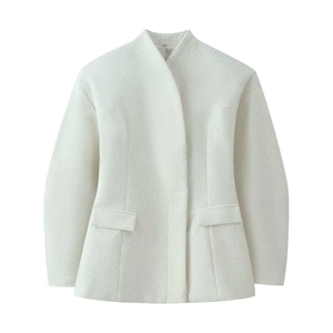 Minimalist beige wool blend jacket for women featuring a stand collar and textured fabric