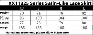 Tableau des tailles pour jupe en satin et dentelle avec mesures taille et hanches