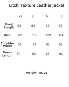 Size chart for faux leather jacket with chest and length measurements for XS to L