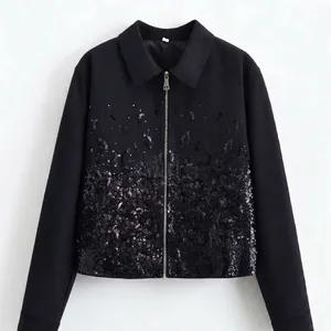 Women Elegant Black Sequin Embellished Zipper Jacket Long Sleeve Loose Fit Casual Party Fashion Polyester Outerwear Top