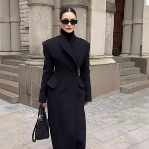 Women Black Extra Long Woolen Trench Coat Notch Lapel Single Button Slim Fit Solid Color Fall Office Commuter Jacket