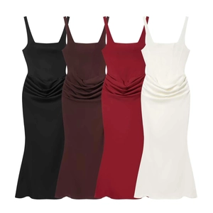 Women Sexy Satin Ruched Square Neck Sling Fishtail Maxi Dress Slim Fit Backless Lace Up Elegant Evening Party Banquet Dress