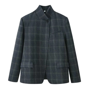 Vintage dark grey plaid stand collar blazer jacket with single-breasted hidden closure