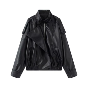 Women Faux Leather Biker Jacket Stand Collar Long Sleeve Solid Black PU Moto Outwear Loose Fit Casual Zip Up Jacket