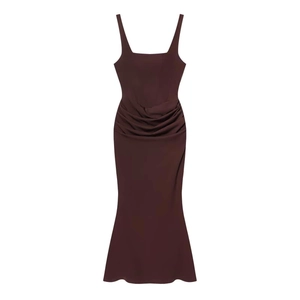 Elegant sleeveless dark brown ruched satin maxi dress with a sophisticated fishtail hem