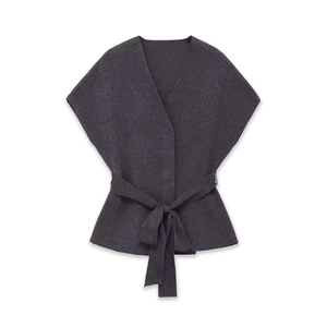 Gilet en Tricot à Col en V pour Femmes Sans Manches Longueur Moyenne Pull Avec Ceinture Couleur Unie Gris Foncé Haut Elégant