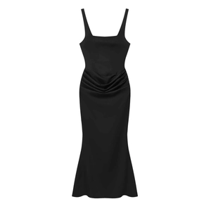 Elegant black satin ruched fishtail midi dress with spaghetti straps and a square neckline
