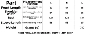 Detailed size chart for the olive green puffer jacket including length and bust measurements