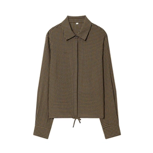 Women Casual Gingham Plaid Drawstring Hem Long Sleeve Shirt Retro Turn Down Collar Polyester Blouse Top For Daily Office Wear
