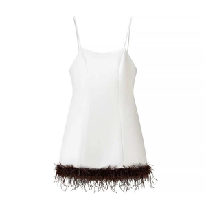 Elegant White Satin Spaghetti Strap Mini Dress With Brown Feather Trim Sleeveless Slim Fit Party Evening Dress For Women