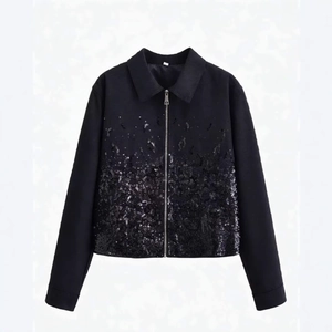 Women's black short jacket with zip closure and elegant sequin embellishment details
