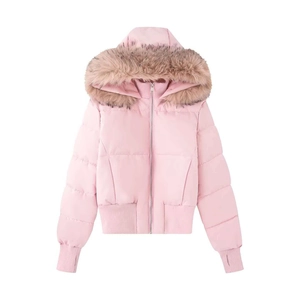 Doudoune courte rose pour femme avec col en fausse fourrure et poignets en maille côtelée