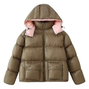 Women's Winter Hooded Puffer Jacket Olive Green Contrast Pink Lining Warm Quilted Cotton Padded Coat Casual Loose Outerwear