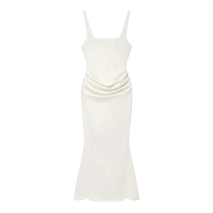 Close-up of white satin dress detailing square neckline and gathered waist pleats