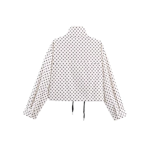 Women's white polka dot jacket with drawstring hem and stand collar for casual wear