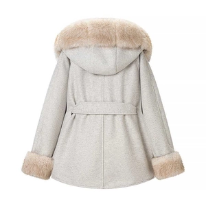 Elegant women's hooded cape wool coat with faux fox fur trim and belted back design