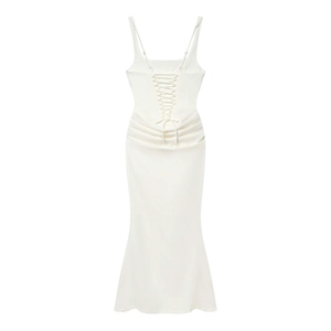 Detailed view of back corset lacing and ruched texture on ivory satin mermaid dress