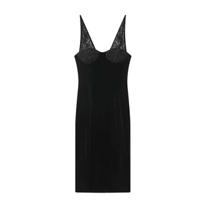 Robe Midi Moulante Sexy pour Femmes avec Col en V Profond et Patchwork de Dentelle en Velours Sans Manches pour Fête